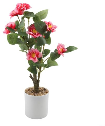 Pumixiy Künstliche Kamelien-Pflanze, 42 cm, Bonsai-Stil, Tisch-Grün für Schreibtisch, pflegeleichte Innendekoration, Kunststoff-Topfpflanze (Rosarot)