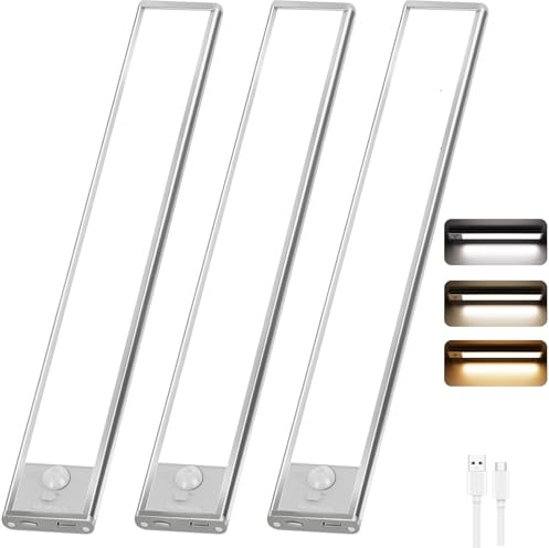 Wudyfei Under Cabinet Kitchen Lights，3 Color Dimmable USB Rechargeable Motion Sensor Lights Indoor 20CM 1100mAh for Shelf Stairs Closet Kitchen （3 Pack）
