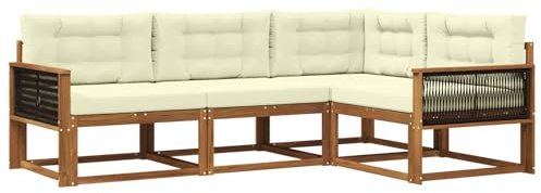 vidaXL Outdoor-Sofagarnitur mit Kissen 4 pcs Natur und Creme, Anpassbare Gartenmöbel, modernes Patio-Sofa, gemütliche Sitzgruppe, wetterfest und robust