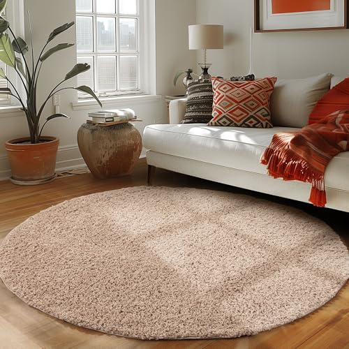 Carpettex Runder Teppich Wohnzimmer Hochflor Einfarbiges Design Langflor Shaggy Modern Flauschig, Farbe: Beige, Größe: 160 cm Rund