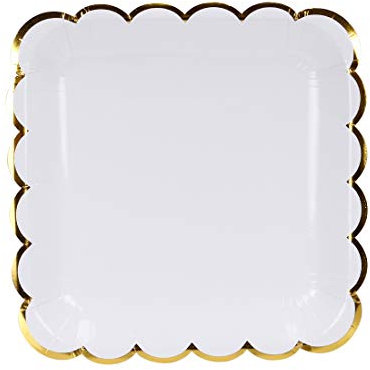 Geeklife White Paper Plates Set, Gold Paper Party Plates with Metallic Gold Border , 9 inch Paper Dessert Plates, Simple White Decorative Plates Set, 20 count