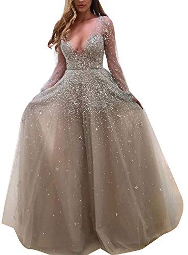 Runyue Womens Deep V Neck Long Sleeve See Through Long Dress Cocktail Bridesmaid Dress Grey L