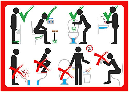 immi 1x Toiletten Benimm Regeln, Rot, Groß (A4), ohne Text, international