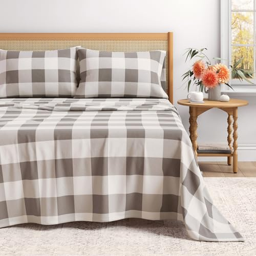 Great Bay Home Flannel Sheet Set Twin Size - 100% Turkish Cotton, Double-Brushed, Printed Bed Sheets - Ultra-Soft, Cozy, 3-Piece Bedding Set (Buffalo Check - Grey)