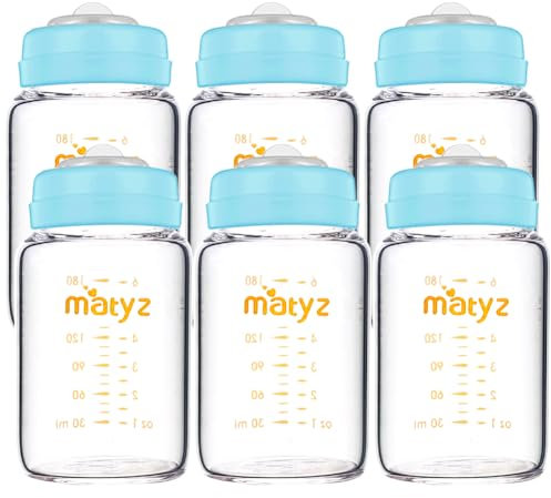Matyz Glass Breastmilk Storage Bottles, 6 Pack, 6 oz, Compatible with Spectra Medela Breast Pump - Freezer Safe Storage Bottles Set - Wide Mouth Breastmilk Storage Containers - BPA Free (Blue Lids)
