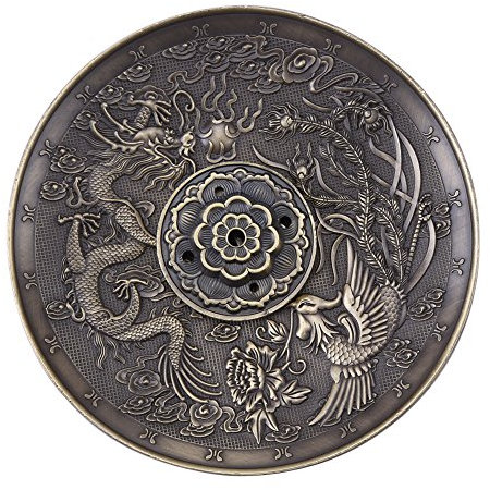 Quemador de Incienso, Soporte de Incienso Quemador de Incienso de Bronce Incensario Tallado de Dragón Phoenix Plato de Incienso Decoración de Hogar Fengshui(Bronce)