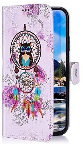 Uposao Kompatibel mit Samsung Galaxy A71 Handyhülle Lederhülle Bunt Retro Muster Schutzhülle Flip Case Handy Tasche Wallet Hülle Bookstyle Klapphülle Kartenfächer,Traumfänger Eule