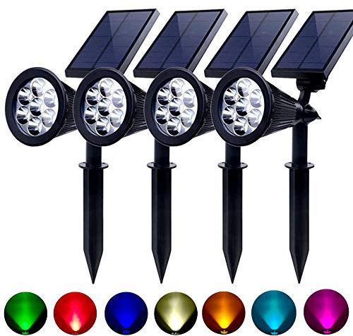 Focos solares al aire libre 2 en 1 de color ajustable 7 LED Impermeable Luces de árbol de seguridad Césped Paso Pasarela Jardín Cambio y luces de color fijas (Multicolor 4 piezas)