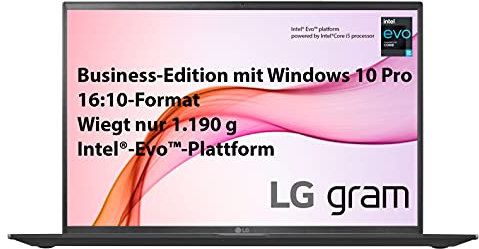 LG gram 16 Zoll Ultralight Notebook Business Edition - 1,19 kg leichter Intel Core i5 Laptop (16GB LPDDR4, 512GB SSD, 22 h Akkulaufzeit, WQXGA IPS Display, Thunderbolt 4, Windows 10 Pro) - Schwarz