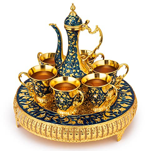 Gute Vintage Extra Large Turkish Coffee & Tea Pot Set for 6 by with Large Crystal Tray & Teapot Gold with Swarovski Style Crystals (Blue) 480ml - 6 Vintage Moroccan Tea Glasses 230ml Teacups Gold