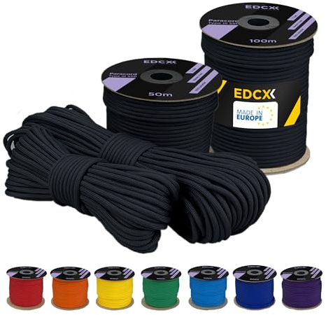 EDCX 4 mm Polyester Paracord 550 25+ Farben (15, 30 und 50 m) – Typ III, 100% Nylonseil, 7 Litzen Seil, 4mm Nylonseil in vielen Farben | Solid Colors (Black, 15 m)