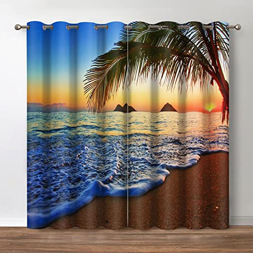 Jekeno Tropische Strand-Verdunkelungsvorhänge, Ozean, Sonnenuntergang, Meer, Palme, Abenddämmerung, Naturlandschaft, Druck, Vorhänge, Dekoration, Zuhause, Schlafzimmer, Wohnzimmer, verdunkelnde Ösen