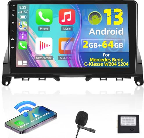 NHOPEEW [2 + 64G] Android Autoradio für M-ercedes Benz C-Klasse W204 S204 2006-2011 mit Carplay und Android Auto, 9 Zoll Touchscreen Radio WiFi/GPS/Lenkradsteuerung + Mikrofon