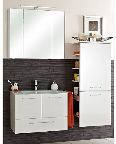 Lomadox Badezimmer Set mit Glaswaschbecken in weiß Hochglanz, B/H/T: ca. 145/200/44,5 cm