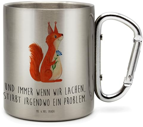 Mr. & Mrs. Panda Edelstahlbecher Eichhörnchen Blume - Geschenk, Edelstahltasse, Outdoor, Tiere, Spaß, Gute Laune, Camping, Karabiner, Tasse,