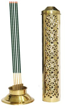 DEVKI Tour d'encens Brûleur Dhoop Agarbatti Stand Parfum de Maison Lampe à Huile en Laiton 5 Porte-encens Pooja Thali Décoration hindoue Porte-brûleur d'encens à cône doré Fait