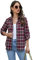 Famrrifuu Chemise Femme a Carreaux Classique Chemisier en Flanelle Chic et élégant Blouse Shirt Coton Décontractée,Café Rouge,XXL