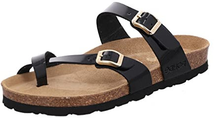 Rohde Damen Zehentrenner Pantolette Lack Schnalle Kork Fußbett Alba 5575, Größe:37 EU, Farbe:Schwarz