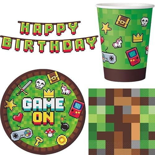 Décoration de fête de jeu pour 12 personnes, vert/marron, vaisselle jetable, kit de fête, décoration d'anniversaire