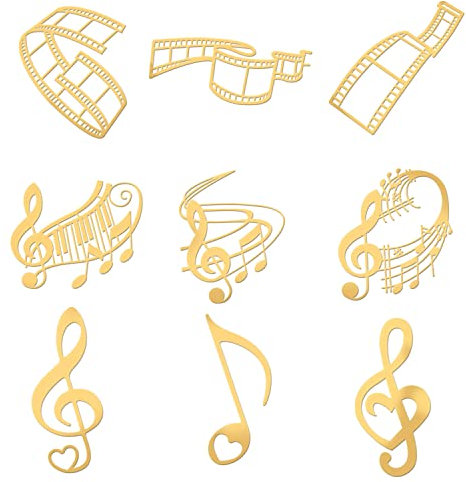OLYCRAFT 9 Stück Goldene Messing Aufkleber Musiknote Metallaufkleber Filmszenen Dekorieren Aufkleber Selbstklebende Goldene Aufkleber Für Sammelalben Telefon Wasserflasche Dekor - 4x4cm