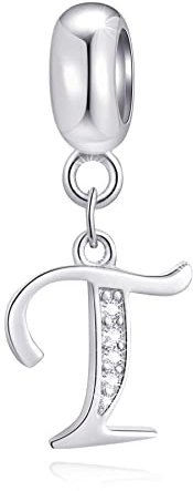Buchstabe T Charms Initials T Alphabet Anhänger Perlen, 925 Sterling Silber Letra Charm Pendant mit klaren CZ, passen Pandora Reise Armband, Geschenke für Lehrer/Jugendliche/Partner