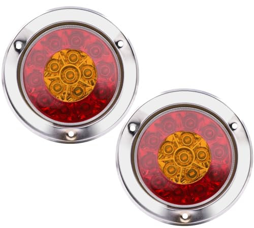 Ygmylandbb LED Feu de Freinage Feu, Une paire de 4 pouces rondes 16 LED camion remorque arrêt de frein tourner feu arrière anneau chromé double couleur, 12V/24V Lot de 2 (Rouge et jaune)