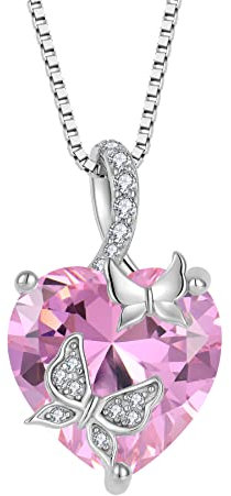 FJ Collana Farfalla Donna in Argento Sterling 925 Ciondolo Cuore Collane Tormalina Rosa Ottobre Pietra Portafortuna Gioielli Regalo per lei Amiche Moglie Mamma Donna