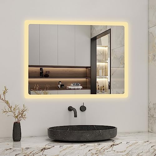 Biubiubath 70x50cm LED Badspiegel mit Bluetooth und Uhr,Badspiegel mit Beleuchtung,Touch,Beschlagfrei,Badezimmerspiegel mit 3 Lichtfarbe 3000-6000K Dimmbar,IP44