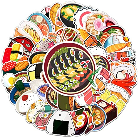 Sushi Aufkleber für Laptop (50 PCS),Geschenk für Kinder Jugendliche Erwachsene Jungen,Japanese Cuisine Stickers Wasserdicht Vinyl Aufkleber für Scrapbook,Skateboard,Auto,Gepäck