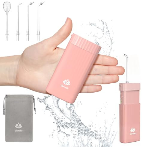 Caredite Cordless Mini Water Flosser, Portable Rechargeable Tooth Cleaner for Home Travel, 4 Tips 3 Modes, IPX7 Waterproof for Dental Care, Pink