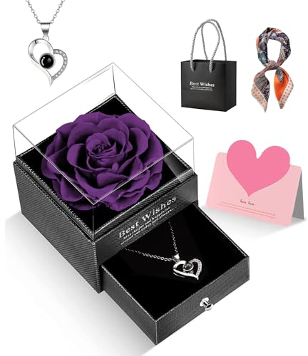Idea Regalo per Lei, Rosa Eterna con I Love You, Collana, Confezione Regalo per la Festa della Mamma, Regali San Valentino,Compleanno, Anniversario, San Valentino per Fidanzata, Moglie (Viola)