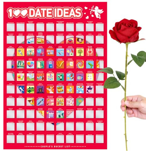 DPKOW 100 Date Ideen Für Paare, 100 Rubbelposter Valentinstag Sie und Ihn Geschenk für mit künstlicher einzelner roter Rose Schaber, 100 Bucket List Poster für Paare Weihnachten Geburtstagsgeschenk