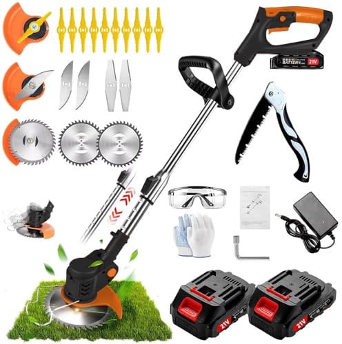 Decespugliatore a Batteria, Decespugliatore Elettrico Con Lama in Metallo, Tagliabordi a batteria Con 2 Batterie da 21V 2000 mAh, Maniglia a scomparsa e rotazione della testa di 90°