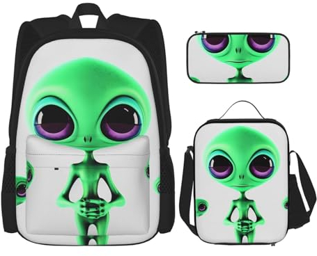 OUSIKA Grüner Alien-Rucksack, bedruckt, lässiger Tagesrucksack mit Lunchbox, Federmäppchen für Damen und Herren, Schwarz, Einheitsgröße, Schwarz , Einheitsgröße