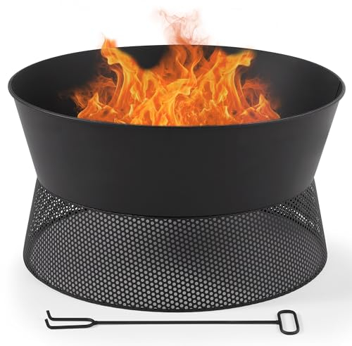 VonHaus Fire Pit – Firepit for Outdoor, Garden, Patio – Portable & Lightweight with Mesh Detail, Black Steel, Fire Poker Included – Use Wood or Charcoal to Fuel