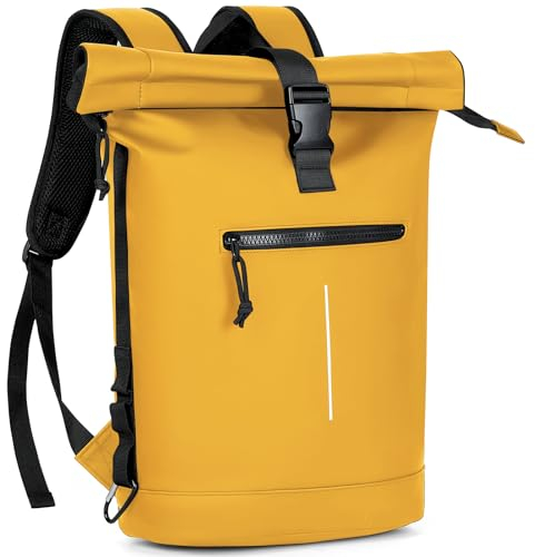 Lekeinchi Rolltop Rucksack Wasserdicht für Damen & Herren, Großer Laptop Rucksack mit Computerfach für 17 Zoll Laptop, Elegant Reiserucksack Daypack für Reisen, Radfahren, Uni Schule, Arbeit-Gelb