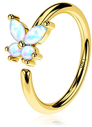 Jewseen 14K Gelbgold Nase Ring 18G Nase Piercing Hoop Opal Knorpel Ohrringe Nostril Piercings Schmetterling Nase Hoop 1.0 * 10mm