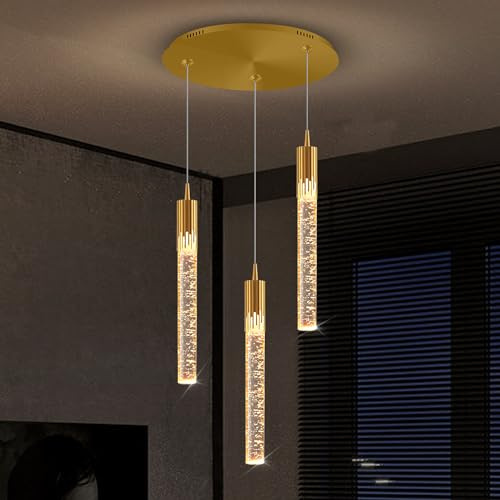 kaixunl Mini-Gold-Kristall-Kronleuchter, integrierte LED-Pendelleuchte für Kücheninsel, 3-flammige Kronleuchter, Hängebeleuchtung mit Fernbedienung