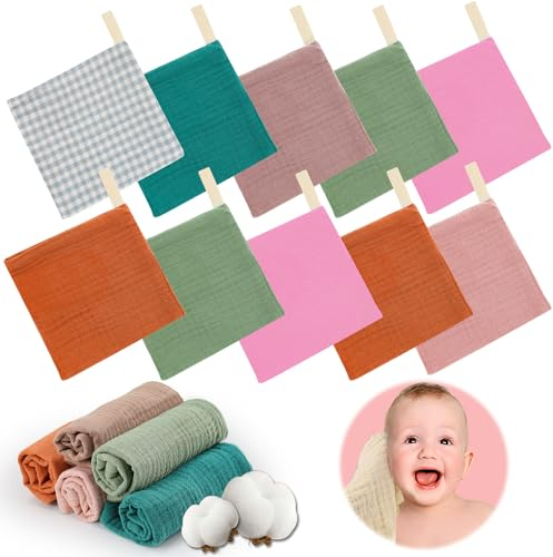 Aohcae 10 Stück Baby Musselin Waschlappen, 23x23CM Baby Waschlappen Baby Spucktücher Baby Gesichtstücher Für Babys Jungen Mädchen