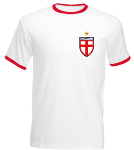 Second Ave Men's Unisex England Flag Badge Euros World Cup Football White Retro Ringer T Shirt Top Kit