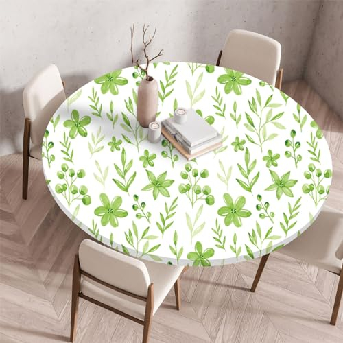 Highdi 3D Elastische Tischdecke Rund wasserdichte, Tischdecke Outdoor Round Blümchenmuster Spanntischdecke mit Gummizug für Esszimmer, Küche und Picknick (120cm,Grüne Blumen)