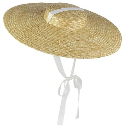 Grand chapeau d'été en paille naturelle pour femme fait à la main à large bord visière de plage casquettes élégantes à haut plat long ruban lacé chapeau de soleil, blanc, Hat Brim 18CM