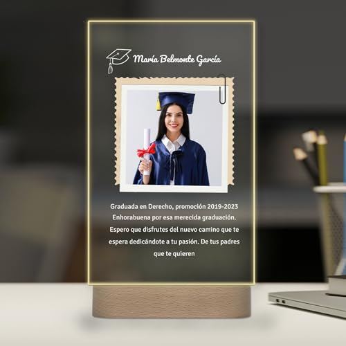 Lámpara Personalizada para Estudiantes con Foto y Mensaje – Regalo Original de Graduación o Selectividad – Luz LED con Placa de Metacrilato – Detalle Emotivo para Fin de Curso (ALUMNOS)