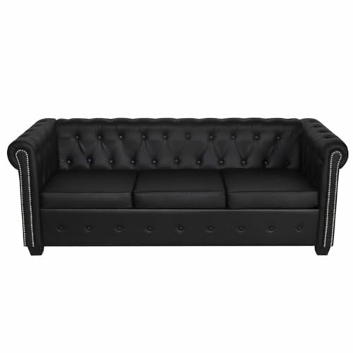 Homgoday Sofa Tres plazas Sofá Tipo Chesterfield Negro 3 Plazas,Sofá de salón Elegante y con Estilo, sofá de salón con Botones y Tachuelas y Elegantes reposabrazos curvos