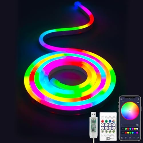 ShineBurky 2M RGB+IC Neon Led Strip Lights, USB Powered Flexible Led Lights with Bluetooth APP Control, Dimmable Strip for TV Backlight, Bedroom, Gaming Desk, Wall Decor