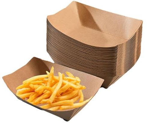 MaoNativey 50 Piezas Bandejas de Cartón Kraft, Papas Fritas de Papel Kraft Cajas de Cartón,A Prueba De Agua y Aceite, Para Refrigerios, Alimentos Fritos, Papas Fritas, Ensaladas