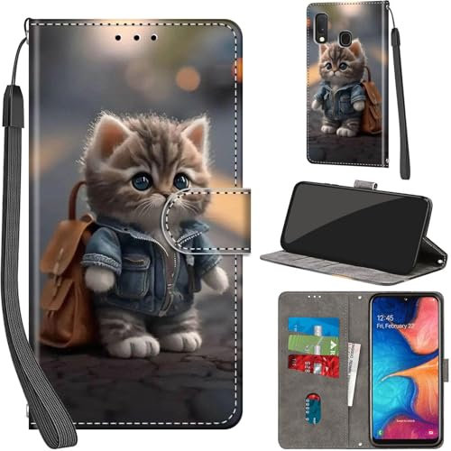 Handyhülle für Samsung Galaxy A20e Hülle PU Leder Schutzhülle Klappbar mit Kartenfach Ständer Handytasche mit Kameraschutz Flip Case Klapphülle für Samsung A20e, Katze