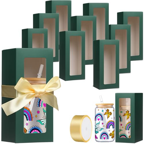Honoson 24 Pcs Tumbler Gift Box with Ribbon for Sublimation Glass Exhibition Boxes Transparent for 12oz 16oz 20oz Drinking Cup Glasses Jars Mug Can Blanks(Green)
