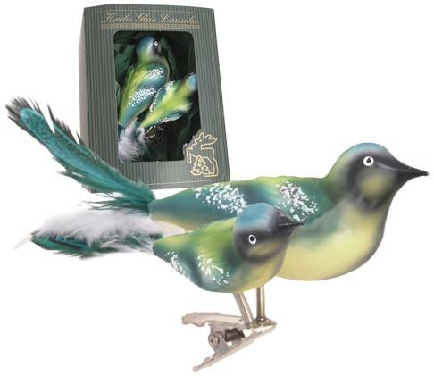 Krebs Glas Lauscha - Weihnachstdekoration/Christbaumschmuck aus Glas - Glasvogel - Motiv: Doppelvogel Blaumeise mit Echtfedern - Farbe: Grün - Größe: 7 cm - Made in Germany