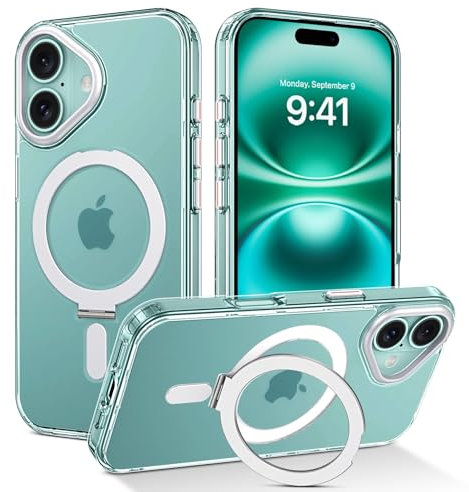 BENTOBEN Magnetic Case for iPhone 16 with Stand [Compatible with MagSafe], Invisible Ring Stand Clear Non-yellowing Hard PC Back Military Grade Protection Shockproof Cover for iPhone 16, Clear